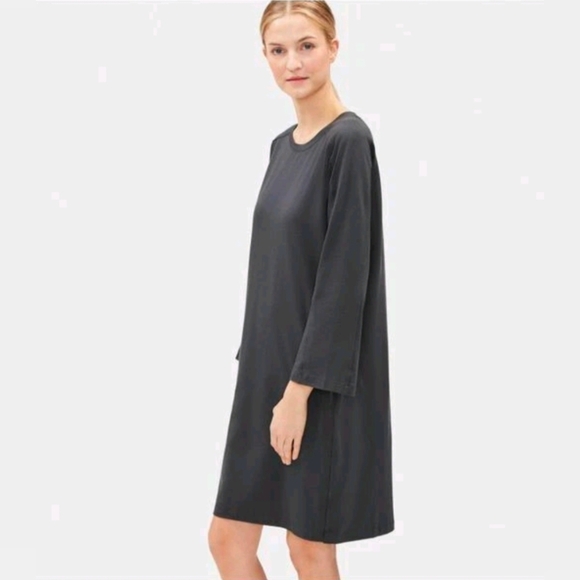 Eileen Fisher Organic-Cotton Jersey Round-Neck Dress Size Medium in Graphite - Picture 1 of 13